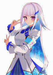 Rule 34 | 1girl, absurdres, armband, blue hair, blunt bangs, blush, chromatic aberration, closed mouth, collared dress, colored inner hair, double v, dress, frilled sleeves, frills, hair flaps, hair ornament, highres, lize helesta, long hair, long sleeves, looking at viewer, multicolored hair, nijisanji, purple eyes, shooot108, sidelocks, simple background, solo, two-tone hair, v, virtual youtuber, white background, white dress, white hair
