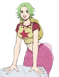 Rule 34 | 1girl, bag, camie (one piece), commentary request, cowboy shot, crop top, green hair, highres, looking at viewer, mermaid, monster girl, one piece, open mouth, short hair, shoulder bag, simple background, smile, spiked hair, star (symbol), star print, teeth, two-tone shirt, upper teeth only, white background, yamakazi47