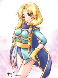 Rule 34 | 1girl, blonde hair, breasts, cape, closed mouth, commentary request, gloves, ilia silvestri, legs, leotard, medium hair, smile, solo, star ocean, star ocean first departure