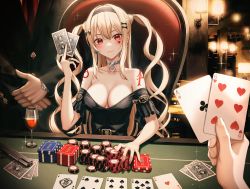 Rule 34 | 1girl, 2others, absurdres, alcohol, black dress, blonde hair, blush, breasts, card, casino, casino card table, choker, cleavage, copyright request, cup, dress, drinking glass, eichi (skskdi12z), gambling, gun, hair ornament, hairband, hairclip, highres, large breasts, low-cut, multiple others, nail polish, playing card, poker chip, red eyes, table, twintails, watch, weapon, wine, wine glass