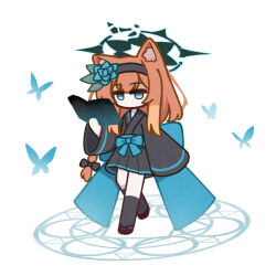 Rule 34 | 1girl, animal ears, apricotlemontea, back bow, black bow, blue archive, blue eyes, book, bow, broken halo, bug, butterfly, flower, hair bow, hair flower, hair ornament, halo, holding, holding book, insect, magic circle, mari (blue archive), open book, orange hair, sleeves past fingers, sleeves past wrists, solo