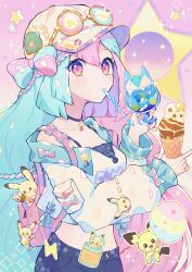 Rule 34 | 1girl, absurdres, blue hair, blush, bow-shaped hair, breasts, creatures (company), dessert, food, game freak, gen 1 pokemon, gen 2 pokemon, glasses, haru (haruxxe), hat, highres, holding, holding food, holding ice cream, ice cream, ice cream cone, ice cream float, iono (pokemon), long hair, long sleeves, looking at viewer, multicolored hair, nintendo, pants, pichu, pikachu, pink eyes, pink hair, pokemon, pokemon sv, shirt, spoon, two-tone hair