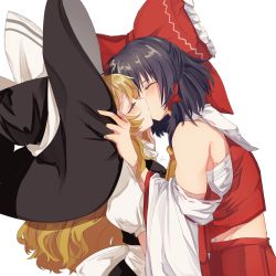 Rule 34 | 2girls, absurdres, apron, arms up, ascot, back bow, black dress, black hair, black headwear, blonde hair, bow, closed eyes, commentary, detached sleeves, dress, hair bow, hair tubes, hakurei reimu, hand on another&#039;s hat, hat, highres, kirisame marisa, kiss, kiss day, long hair, midriff, multiple girls, nontraditional miko, puffy short sleeves, puffy sleeves, red bow, red shirt, red skirt, sarashi, shirt, short sleeves, simple background, skirt, touhou, uchisaki himari, upper body, waist apron, white apron, white background, white sleeves, witch hat, yellow ascot, yuri