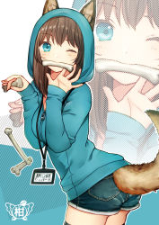 Rule 34 | 1girl, animal ears, animal hood, aqua eyes, black thighhighs, bone, breasts, brown hair, character name, clarinet (natsumi3230), commentary request, cowboy shot, denim, denim shorts, dog ears, dog hood, dog tail, holding, hood, hoodie, id card, kurata rine, lanyard, large breasts, looking at viewer, mouth hold, name tag, one eye closed, original, short shorts, shorts, sleeves past wrists, solo, tail, thighhighs, waving, zoom layer