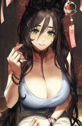 Rule 34 | 1girl, animal ears, between breasts, black hair, bracelet, breasts, choker, cleavage, collar, denim, finger heart, green eyes, highres, ja mong, jeans, jewelry, large breasts, leash, looking at viewer, mole, mole under eye, original, pants, parted lips, shirt, sitting, smile, solo