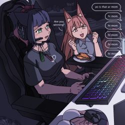 Rule 34 | 2girls, animal ear fluff, animal ears, arknights, bad id, bad tumblr id, black shirt, blaze (arknights), blouse, blue hair, blunt bangs, breast mousepad, brown eyes, brown hair, can, cat ears, chair, char (charlattes), chat log, choker, collared shirt, controller, drink can, english text, fox ears, fox tail, franka (arknights), gaming chair, green eyes, grey shirt, headset, highres, jessica (arknights), keyboard (computer), lego, meme, mouse (computer), mousepad, multicolored hair, multiple girls, open mouth, plate, ponytail, shirt, soda can, sweatdrop, swivel chair, tail, two-tone hair