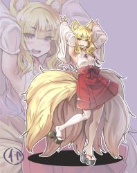Rule 34 | 1girl, :d, animal ear fluff, animal ears, armpits, arms up, blonde hair, brown eyes, commentary request, detached sleeves, double m/, fang, fox ears, fox shadow puppet, fox tail, hakama, hakama short skirt, hakama skirt, highres, itou ryuusei, japanese clothes, large tail, long hair, looking at viewer, m/, magatama, multiple tails, open mouth, original, red skirt, shirt, skirt, slit pupils, smile, solo, tail, thighhighs, white shirt, white thighhighs, wide sleeves, zoom layer