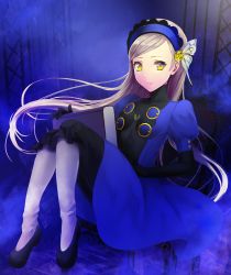 Rule 34 | 10s, 1girl, blonde hair, book, dress, elbow gloves, gloves, headband, highres, lavenza (persona 5), long hair, mozuyun, persona, persona 5, spoilers, yellow eyes