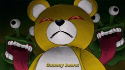 Rule 34 | animate object, black eyes, colored sclera, colored skin, dark background, digimon, digimon (creature), digimon card game, english text, green skin, group picture, looney tunes, monzaemon, numemon, parody, raikodrivaille, red sclera, stuffed animal, stuffed toy, teddy bear, teeth, tongue, tongue out