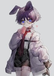 Rule 34 | 1boy, alternate costume, animal ears, artist name, bespectacled, black shorts, box, chain, choker, closed mouth, collared shirt, cross, eyewear strap, genshin impact, glasses, grey background, heart, heart-shaped box, highres, holding, holding box, jacket, kemonomimi mode, lanaiwanqi512, long sleeves, looking at viewer, male focus, necktie, open clothes, open jacket, purple eyes, purple hair, rabbit boy, rabbit ears, red choker, red necktie, scaramouche (genshin impact), shirt, short hair, shorts, simple background, sleeves past wrists, solo, suspenders, trap, white jacket, white shirt