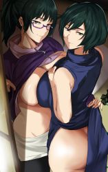 Rule 34 | 2girls, ass, black dress, black hair, black legwear, breast press, breasts, butt crack, cafekun, clothes lift, condom, condom wrapper, dress, dress lift, from above, futon, glasses, gluteal fold, highres, jacket, jujutsu kaisen, large breasts, lifted by self, lifting another&#039;s clothes, looking at viewer, medium hair, multiple girls, pantyhose, ponytail, purple jacket, sexually suggestive, shadow, short hair, short ponytail, shorts, shouji, siblings, sisters, sleeveless, sleeveless dress, sliding doors, take your pick, tatami, track jacket, white shorts, yellow eyes, zenin mai, zenin maki