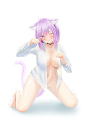 Rule 34 | 1girl, absurdres, ahoge, animal ears, blush, breasts, cat ears, cat girl, cat tail, cleavage, closed mouth, collarbone, covered erect nipples, head tilt, highres, hololive, kneeling, kon (07263545), large breasts, looking at viewer, naked shirt, navel, nekomata okayu, nekomata okayu (oversized shirt), official alternate costume, one eye closed, paw pose, purple eyes, purple hair, see-through, shiny skin, shirt, short hair, simple background, smile, solo, tail, virtual youtuber, white background