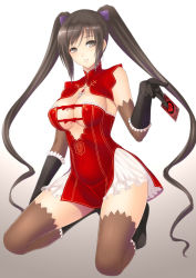 Rule 34 | 1girl, black eyes, brown thighhighs, card, cleavage cutout, clothing cutout, elbow gloves, gloves, highres, jewelry, kneeling, lintanghaseo, long hair, looking at viewer, maxima sakuya enfield, necklace, sega, shining (series), shining blade, solo, thighhighs, twintails, very long hair