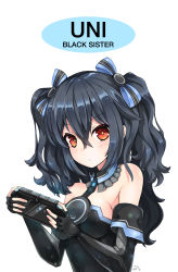 Rule 34 | 1girl, bad id, bad pixiv id, bare shoulders, black hair, blush, hair ornament, hair ribbon, handheld game console, highres, long hair, looking at viewer, neptune (series), playing games, playstation vita, purerin, red eyes, ribbon, smile, solo, two side up, uni (neptunia), v-shaped eyebrows, video game