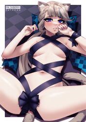 Rule 34 | 1girl, absurdres, animal ear fluff, animal ears, anus, anus peek, blush, bow, breasts, cat ears, cat girl, cat tail, embarrassed, facial mark, genshin impact, grey hair, highres, huge bow, long hair, long sleeves, looking at viewer, lynette (genshin impact), medium breasts, naked ribbon, navel, nervous, open mouth, partially visible vulva, phloxberry, purple eyes, ribbon, solo, spread legs, star (symbol), star facial mark, tail, wrapped up