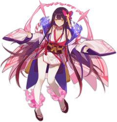 Rule 34 | 1girl, ark order, black footwear, blue bow, bow, breasts, cleavage, fire, full body, hair bow, japanese clothes, kagutsuchi (ark order), kimono, large breasts, long hair, long sleeves, obi, official art, ofuda, okobo, pink bow, pink fire, purple hair, red cucumber, sandals, sash, sidelocks, solo, tachi-e, thighhighs, transparent background, very long hair, white kimono, white thighhighs, wide sleeves, yellow eyes