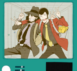 Rule 34 | 2boys, arsene lupin iii, bag, beard, black hair, cigarette, clenched teeth, facial hair, formal, gold bar, hand on another&#039;s shoulder, hat, hoyano (maimai), jigen daisuke, lupin iii, male focus, monitor, multiple boys, necktie, open mouth, short hair, sideburns, smile, suit, teeth, theft, v