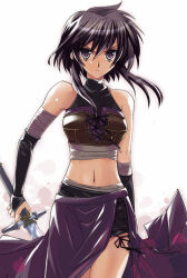 Rule 34 | 1girl, armor, bandaged arm, bandages, black hair, crop top, elbow gloves, fire emblem, fire emblem: genealogy of the holy war, gloves, holding, holding sword, holding weapon, laces, larcei (fire emblem), leather armor, looking at viewer, midriff, morozumi junka, navel, nintendo, serious, sidelocks, skirt, solo, stomach, sword, tomboy, waist cape, weapon, white background