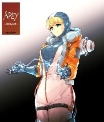 Rule 34 | 1girl, absurdres, animification, apex legends, black background, blonde hair, blue bodysuit, blue eyes, blue gloves, bodysuit, burn scar, character name, closed mouth, commentary, copyright name, cowboy shot, cropped jacket, electricity, facial scar, gloves, gradient background, highres, hood, hood down, hooded bodysuit, ishiyumi, jacket, jumpsuit, long sleeves, looking at viewer, open clothes, open jacket, orange jacket, partially unzipped, scar, scar on cheek, scar on face, short hair, smile, solo, standing, thigh strap, wattson (apex legends), white jumpsuit, zipper