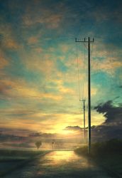 Rule 34 | highres, mks, no humans, original, outdoors, power lines, road, road sign, scenery, sign, sky, sunset