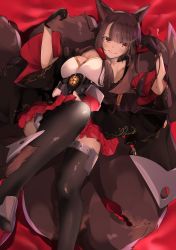 Rule 34 | 1girl, akagi (azur lane), animal ears, armpits, azur lane, black gloves, black thighhighs, breasts, brown hair, cleavage, fox ears, fox tail, gloves, grin, highres, large breasts, long hair, lying, multiple tails, on back, pirapirapirapira, pleated skirt, red eyes, skirt, smile, solo, tail, thighhighs, wide sleeves
