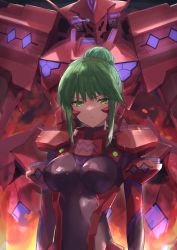 Rule 34 | 1girl, arms at sides, blue eyes, bodysuit, breasts, closed mouth, commentary request, eye trail, fire, fortified suit, frown, glowing, glowing eye, green eyes, green hair, hair bun, head tilt, highres, ito t20a, light trail, looking at viewer, mecha, medium breasts, muv-luv, muv-luv alternative, muv-luv alternative (anime), pilot suit, red bodysuit, robot, science fiction, shiny clothes, sidelocks, single hair bun, skin tight, tactical surface fighter, tsukuyomi mana, tsurime, type 00 takemikazuchi, upper body, v-shaped eyebrows