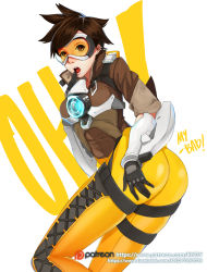 Rule 34 | 1girl, ass, bad anatomy, bodysuit, breasts, brown hair, earrings, english text, facebook username, gloves, hand on own hip, hand to own mouth, highres, jewelry, kndy, open mouth, overwatch, overwatch 1, patreon, patreon username, poorly drawn, short hair, simple background, solo, tracer (overwatch), visor, watermark, web address, white background