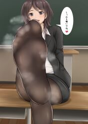Rule 34 | 1girl, absurdres, amagami, brown hair, chalkboard, classroom, desk, feet, highres, long hair, looking at viewer, open mouth, pantyhose, sitting, soles, steam, takahashi maya, teacher, translated