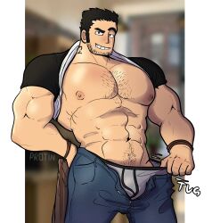 Rule 34 | 1boy, abs, bara, bare pectorals, beard stubble, black hair, bulge, clothes lift, denim, facial hair, feet out of frame, highres, huge pectorals, jeans, large pectorals, lucas lee, male focus, male underwear, male underwear pull, muscular, muscular male, navel, navel hair, nipples, open pants, pants, pectorals, protin, pulling own clothes, raised eyebrow, scott pilgrim (series), scott pilgrim takes off, seductive smile, shirt, shirt behind neck, shirt lift, short hair, short sleeves, smile, solo, sparse chest hair, sparse navel hair, stomach, stubble, t-shirt, thick eyebrows, underwear, undressing