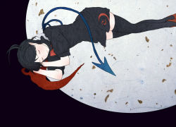 Rule 34 | 1girl, asymmetrical wings, black background, black dress, black hair, black thighhighs, blue wings, closed mouth, commentary request, dress, closed eyes, feet out of frame, gin fragrans, houjuu nue, lying, on side, pointy ears, red footwear, red wings, shoes, short hair, short sleeves, solo, thighhighs, tomoe (symbol), touhou, wings
