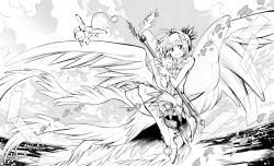 Rule 34 | 1girl, :&gt;, antenna hair, cardcaptor sakura, cherry blossoms, cloud, dress, feathered wings, full body, fuuin no tsue, gloves, greyscale, highres, holding, holding staff, kero (cardcaptor sakura), kinomoto sakura, large wings, looking at viewer, magical girl, monochrome, nomomono eraser, outdoors, shoes, short hair, sky, sleeveless, sleeveless dress, smile, sparkle, staff, water, wings