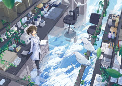 Rule 34 | 1girl, absurdres, beaker, bird, blue eyes, blue sky, book, bottle, box, brown hair, chair, clipboard, cloud, desk, drawer, from above, gloves, highres, lab coat, laboratory, morisan, office chair, open book, original, paper, pencil, plant, reflective floor, short hair, sky, standing, swivel chair, test tube, test tube rack, vines, weighing scale