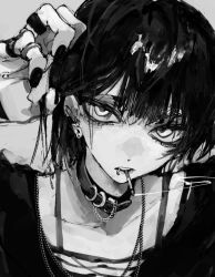Rule 34 | 1girl, black hair, black nails, black shirt, chain, chain necklace, cigarette, collar, ear piercing, greyscale, hand up, jewelry, looking at viewer, monochrome, nail polish, necklace, original, parted lips, piercing, ring, shirt, smoke, smoke trail, solo, strap, striped clothes, striped shirt, zpicy owl