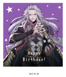 Rule 34 | 1boy, armor, card, coat, dice, final fantasy, final fantasy vi, grey hair, grin, happy birthday, highres, holding, holding card, jewelry, long hair, male focus, necklace, nnnmmg0725, open clothes, open coat, patterned clothing, purple background, purple eyes, scar, scar across eye, scar on face, scarf, setzer gabbiani, smile, star (symbol)