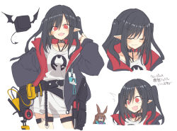 Rule 34 | 2girls, amiya (arknights), animal ears, arknights, belt, black hair, blush, brown hair, choker, closed eyes, closure (arknights), expressions, hand up, id card, jacket, long hair, long sleeves, multiple girls, open clothes, open jacket, open mouth, pointy ears, ponytail, rabbit ears, red eyes, satou kibi, shaded face, shirt, two side up, white shirt