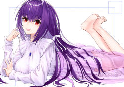 1girl, absurdres, bangs, barefoot, blush, breasts, fate/grand order, fate (series), feet, feet up, hair between eyes, highres, ichi yoshida, jewelry, large breasts, long hair, long sleeves, looking at viewer, lying, necklace, on stomach, open mouth, pendant, purple hair, purple skirt, red eyes, scathach (fate) (all), scathach skadi (fate), shirt, skirt, smile, under the same sky, white shirt