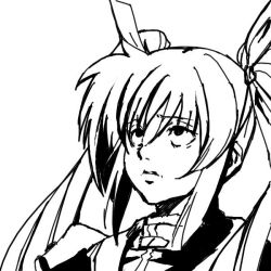 Rule 34 | 00s, 1girl, dress, expressionless, eyebrows, greyscale, hair ribbon, long hair, lyrical nanoha, magical girl, mahou shoujo lyrical nanoha, mahou shoujo lyrical nanoha strikers, monochrome, ribbon, sidelocks, simple background, sketch, solo, takamachi nanoha, twintails, uniform, upper body, very long hair, white background, white devil