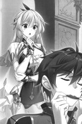 Rule 34 | 1boy, 1girl, chestnut mouth, dot nose, eleonora viltaria, greyscale, hair ornament, highres, leaf, light blush, long hair, looking at another, madan no ou to michelia, madan no ou to vanadis, miyatsuki itsuka, monochrome, open mouth, tigrevurmud vorn, whistle