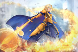 Rule 34 | 1girl, absurdres, alice zuberg, armor, armored dress, blonde hair, blurry, blurry background, breastplate, character name, dress, faulds, floating hair, full body, gauntlets, glowing, gold armor, hair intakes, hair ribbon, hairband, highres, holding, holding sword, holding weapon, long dress, long hair, osmanthus blade, pauldrons, ponytail, ribbon, shoulder armor, sidelocks, signature, solo, standing, sword, sword art online, sword art online: alicization, very long hair, weapon, white hairband, white ribbon, xyunx