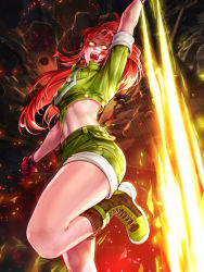 Rule 34 | 1girl, boots, combat boots, cropped jacket, cross-laced footwear, dark persona, earrings, explosion, gloves, highres, jewelry, lace-up boots, leona heidern, navel, official art, open mouth, orochi leona, ponytail, red hair, screaming, shorts, snk, soldier, solo, suspenders, the king of fighters, the king of fighters all-stars, thighs, toned, triangle earrings, yellow eyes