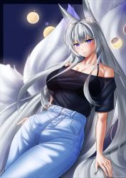 Rule 34 | 1girl, alternate costume, animal ear fluff, animal ears, azur lane, bare shoulders, black bra, black shirt, blouse, blue eyes, bra, bra visible through clothes, breasts, choister, cleavage, denim, grey hair, halterneck, highres, jeans, kitsune, kyuubi, large breasts, looking at viewer, moon phases, multiple tails, off-shoulder shirt, off shoulder, pants, see-through, see-through shirt, shinano (azur lane), shirt, solo, tail, underwear, white tail