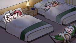 Rule 34 | 5girls, :&gt;, amane kanata, bed, blanket, blonde hair, blue hair, colored inner hair, curtains, drooling, frown, grey hair, halo, hammock, highres, hololive, horns, houshou marine, komainu channel, lamp, multicolored hair, multiple girls, nakiri ayame, nightstand, open mouth, pajamas, pillow, red eyes, red hair, shiranui flare, shirogane noel, skin-covered horns, sleeping, smile, star halo, table, trembling, two-tone hair, under covers, virtual youtuber