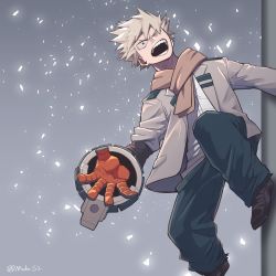 Rule 34 | 1boy, absurdres, bakugou katsuki, black footwear, black pants, blonde hair, boku no hero academia, explosive, foot out of frame, gloves, grenade, grey background, grey jacket, highres, jacket, knee up, long sleeves, looking at viewer, male focus, modo (modo s2), open clothes, open jacket, open mouth, outdoors, pants, red eyes, red gloves, red scarf, scarf, school uniform, shirt, shoes, short hair, solo, spiked hair, teeth, white shirt