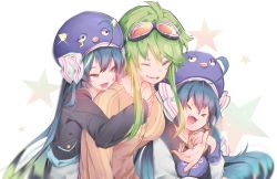 Rule 34 | &gt; &lt;, 3girls, ahoge, arm around shoulder, blue hair, bow, collarbone, commentary, dual persona, eel hat, eighth note, facial tattoo, fang, fangs, goggles, goggles on head, green eyes, green hair, gumi, hair bow, highres, holding own arm, hug, jacket, long hair, multiple girls, musical note, one eye closed, orange shirt, otomachi una, shirt, short hair with long locks, sidelocks, smile, star (symbol), starry background, t-shirt, tattoo, upper body, vocaloid, wanaxtuco