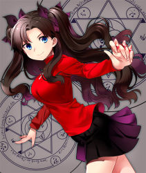 Rule 34 | 1girl, bad id, bad pixiv id, black hair, black thighhighs, blue eyes, chagoon, fate/stay night, fate (series), hair ribbon, long hair, magic circle, pleated skirt, ribbon, skirt, smile, solo, sweater, thighhighs, tohsaka rin, twintails, two side up