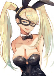 Rule 34 | 1girl, bare shoulders, blonde hair, blue eyes, breasts, cleavage, detached collar, highres, large breasts, leotard, levvellevvel, long hair, mask, rabbit ears, rainbow mika, sleeveless, street fighter, teeth, twintails, upper teeth only