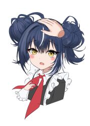 Rule 34 | 1girl, ahoge, azur lane, black dress, blue hair, blush, commentary request, cropped torso, double bun, dress, fang, frilled dress, frills, hair between eyes, hair bun, hand up, headpat, highres, looking at viewer, medium hair, multicolored hair, necktie, open mouth, red necktie, school uniform, simple background, sketch, skin fang, solo, soul (dp11), streaked hair, svirepy (azur lane), white background, white hair, yellow eyes