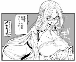 Rule 34 | 1boy, 1girl, azur lane, bad id, bad twitter id, between breasts, blush, braid, breasts, cleavage, commander (azur lane), commentary request, ear blush, eyes visible through hair, glasses, greyscale, hair ornament, highres, huge breasts, leaning forward, long hair, long sleeves, monochrome, necktie, nose blush, open mouth, parted bangs, semi-rimless eyewear, shangri-la (azur lane), snowflake hair ornament, solo focus, speech bubble, sweat, sweater, translated, very long hair, wavy mouth, yoshiragi