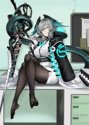 Rule 34 | 1girl, absurdres, arknights, asymmetrical sleeves, black pantyhose, breasts, bulletin board, coat, crossed legs, desk, dorsiflexion, dress, feathered wings, feet, fingerless gloves, gloves, grey hair, hair between eyes, head wings, highres, ho&#039;olheyak (arknights), holding, holding staff, holding with tail, infection monitor (arknights), large breasts, legs, long coat, long sleeves, long tail, looking at viewer, mismatched sleeves, no shoes, on desk, open clothes, open coat, pantyhose, parted lips, pencil dress, prehensile tail, sitting, on desk, snake tail, solo, staff, tail, toes, trg datou, two-tone wings, white dress, white gloves, wings