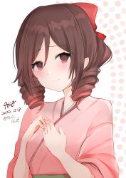 Rule 34 | 1girl, 9610 (kuroto), absurdres, artist name, bow, brown hair, commentary request, dated, drill hair, hair bow, hands on own chest, harukaze (kancolle), highres, japanese clothes, kantai collection, kimono, long hair, looking at viewer, meiji schoolgirl uniform, one-hour drawing challenge, pink kimono, red bow, red eyes, smile, solo, twin drills, twitter username, upper body, white background